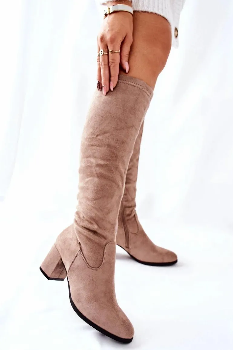 Kozaki Damskie Na Obcasie Zamszowe Beżowe Newferry