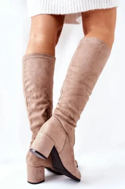 Kozaki Damskie Na Obcasie Zamszowe Beżowe Newferry