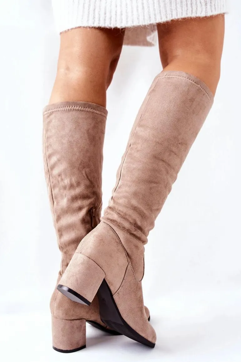 Kozaki Damskie Na Obcasie Zamszowe Beżowe Newferry