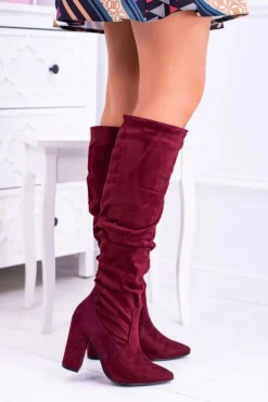 Kozaki Damskie Na Obcasie W Szpic Zamszowe Bordowe Nightcall