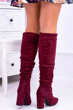 Kozaki Damskie Na Obcasie W Szpic Zamszowe Bordowe Nightcall
