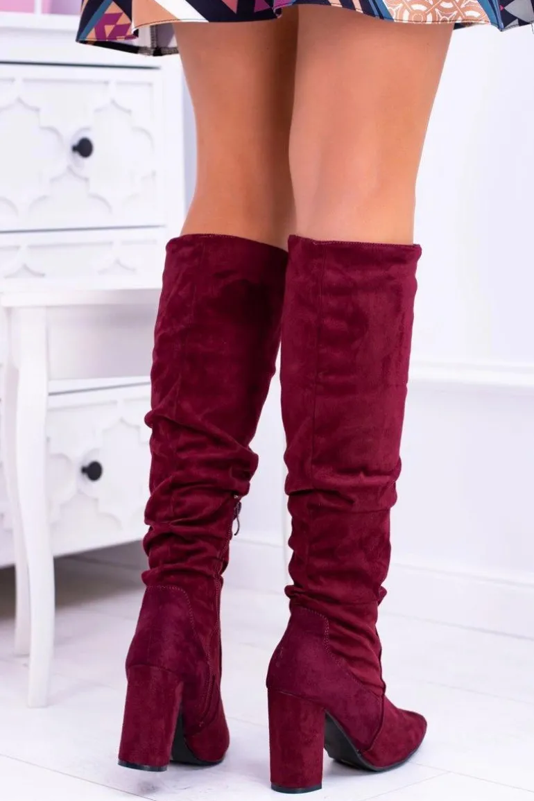 Kozaki Damskie Na Obcasie W Szpic Zamszowe Bordowe Nightcall