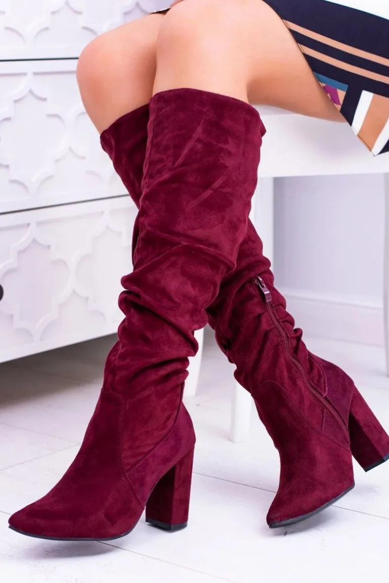 Kozaki Damskie Na Obcasie W Szpic Zamszowe Bordowe Nightcall
