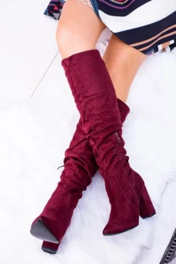 Kozaki Damskie Na Obcasie W Szpic Zamszowe Bordowe Nightcall
