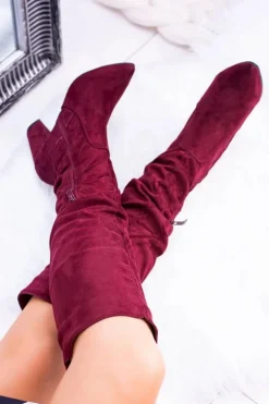 Kozaki Damskie Na Obcasie W Szpic Zamszowe Bordowe Nightcall