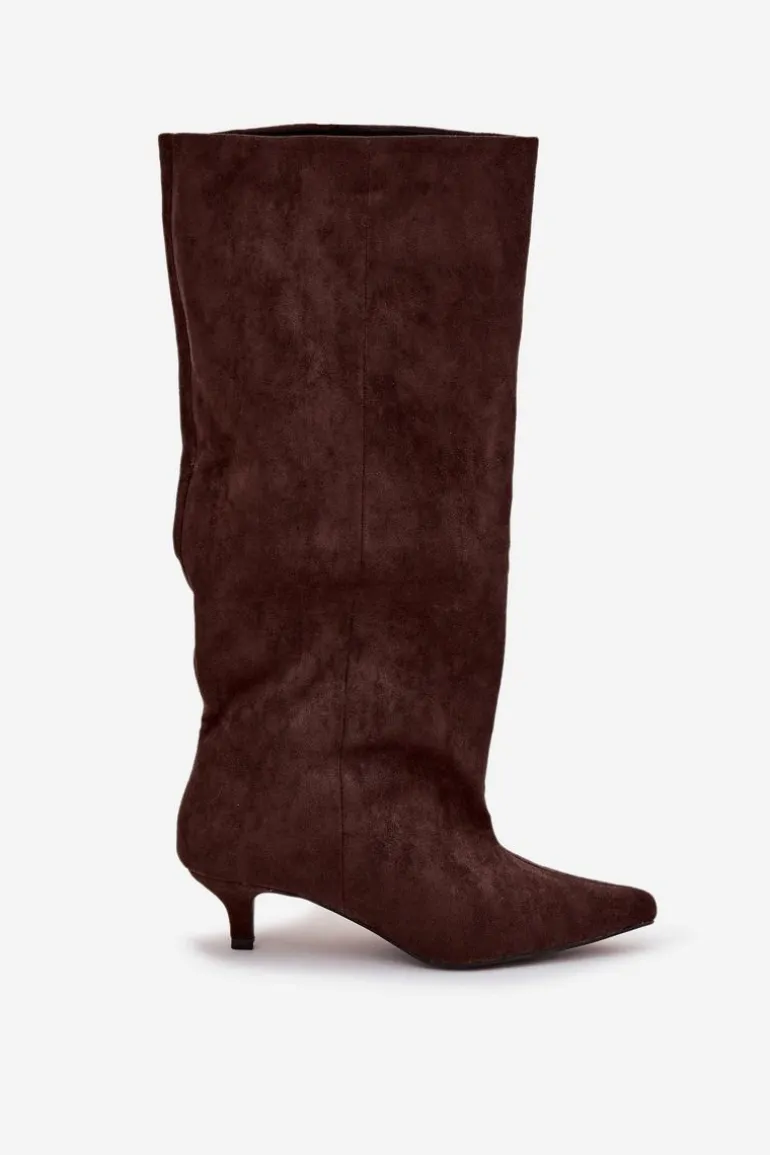 Kozaki Damskie Na Obcasie Z Eko Zamszu Czekoladowe Pheona