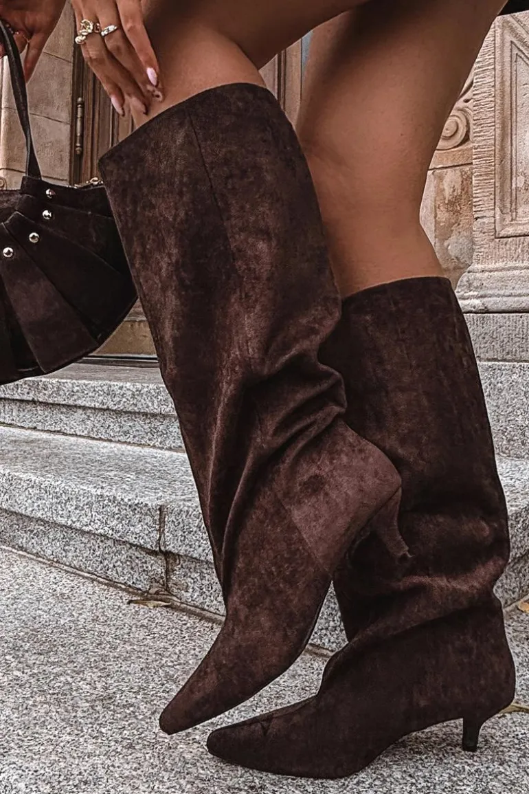 Kozaki Damskie Na Obcasie Z Eko Zamszu Czekoladowe Pheona