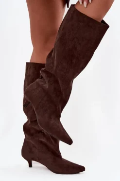 Kozaki Damskie Na Obcasie Z Eko Zamszu Czekoladowe Pheona