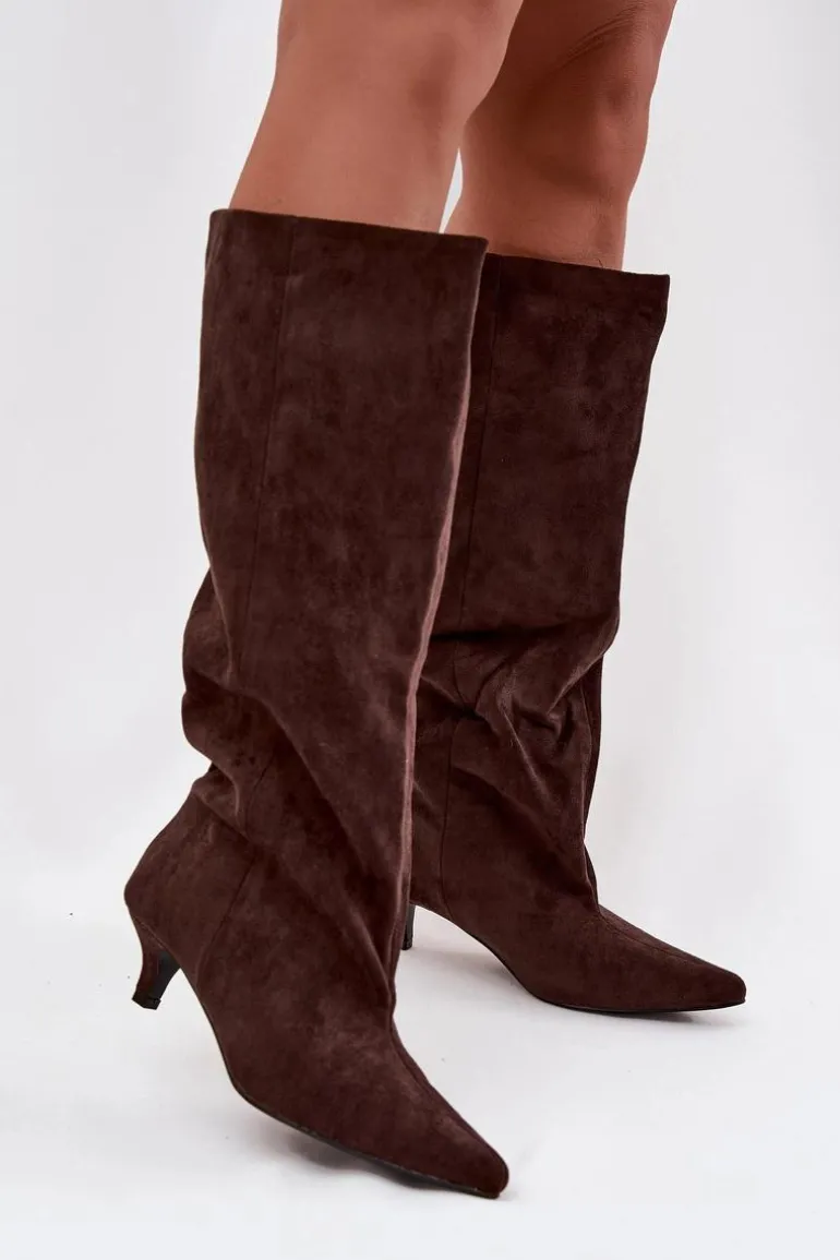 Kozaki Damskie Na Obcasie Z Eko Zamszu Czekoladowe Pheona