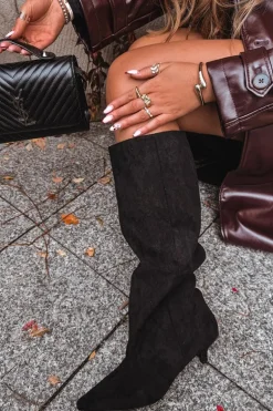 Kozaki Damskie Na Obcasie Z Eko Zamszu Czarne Pheona