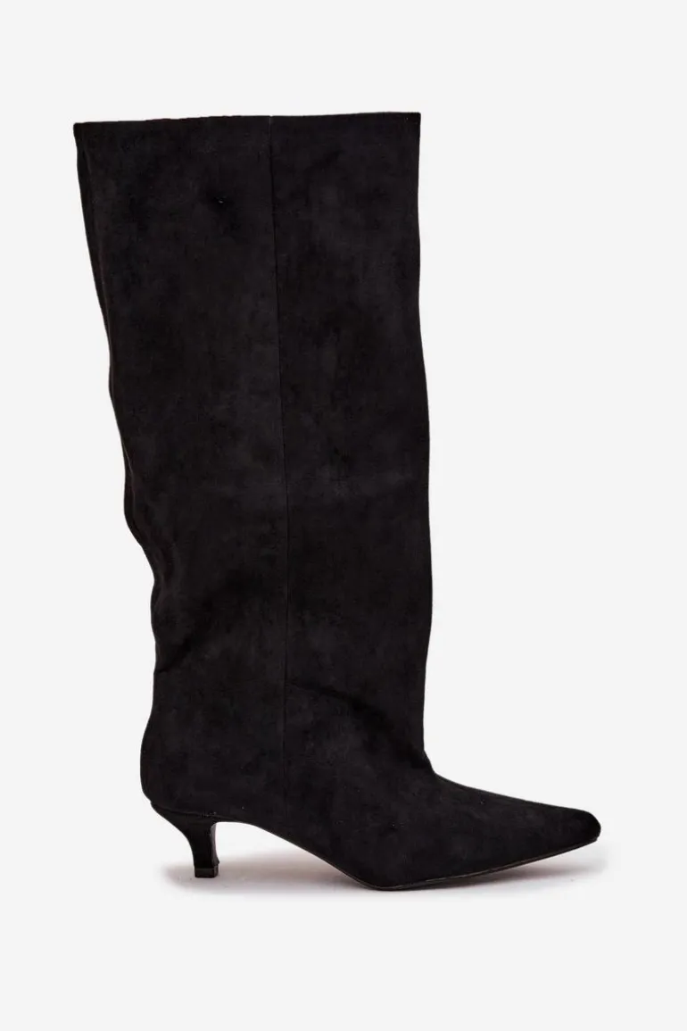 Kozaki Damskie Na Obcasie Z Eko Zamszu Czarne Pheona