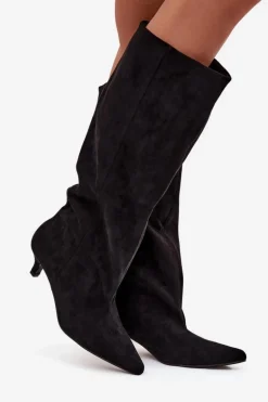 Kozaki Damskie Na Obcasie Z Eko Zamszu Czarne Pheona