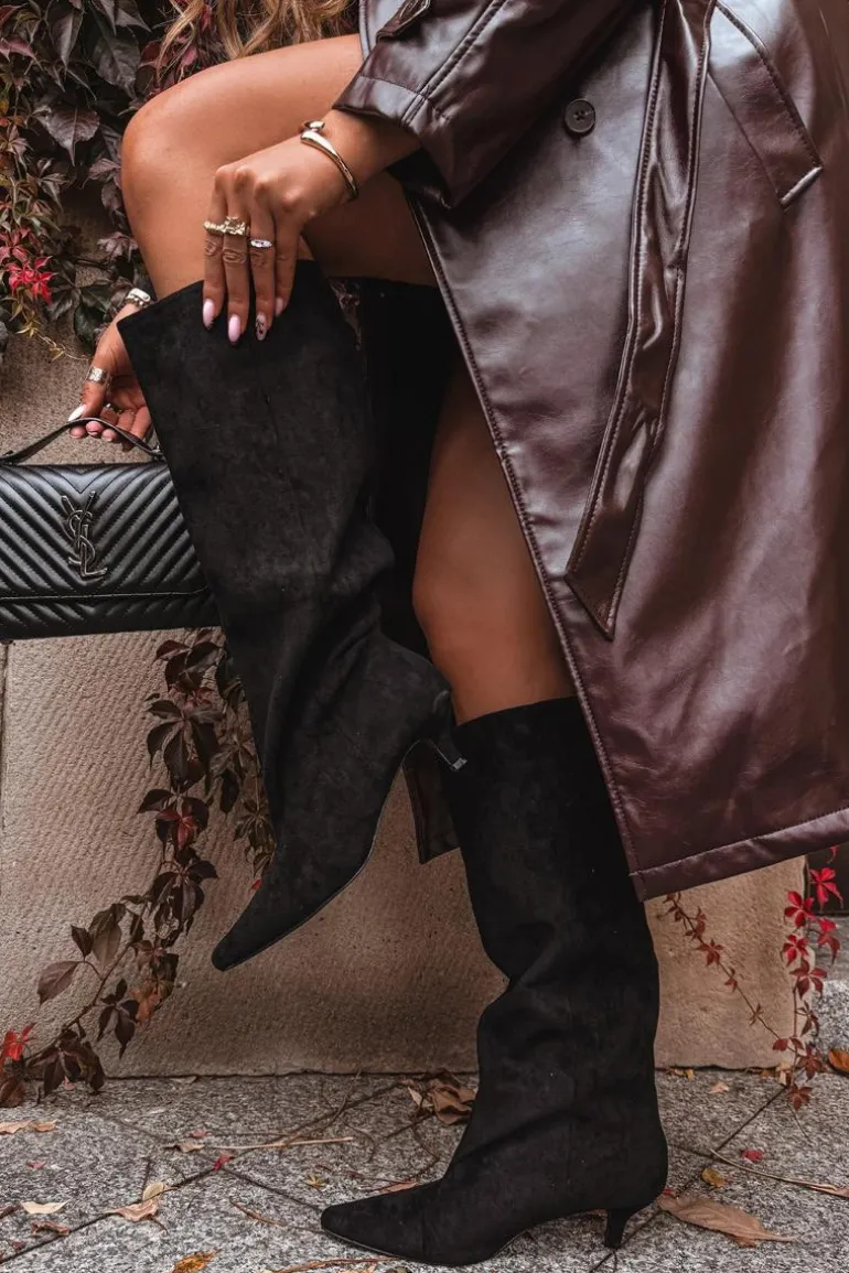 Kozaki Damskie Na Obcasie Z Eko Zamszu Czarne Pheona