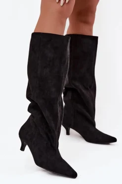 Kozaki Damskie Na Obcasie Z Eko Zamszu Czarne Pheona