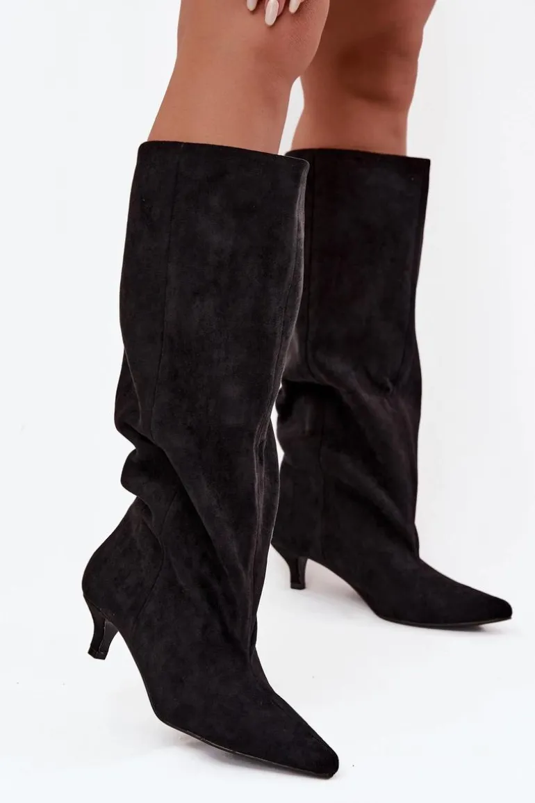 Kozaki Damskie Na Obcasie Z Eko Zamszu Czarne Pheona