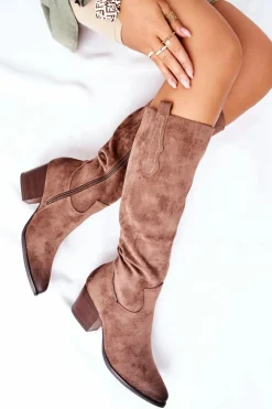 Kozaki Damskie Na Obcasie Zamszowe Beżowe Sillogue