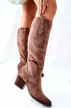 Kozaki Damskie Na Obcasie Zamszowe Beżowe Sillogue