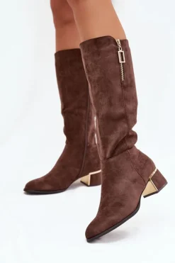 Kozaki Damskie Na Obcasie Z Eko Zamszu Brązowe Lyvienne