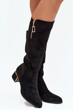 Kozaki Damskie Na Obcasie Z Eko Zamszu Czarne Lyvienne