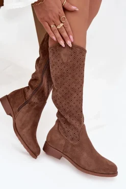 Kozaki Damskie Na Płaskim Obcasie Z Ażurowym Wzorem S.Barski HY52-531 Brązowe
