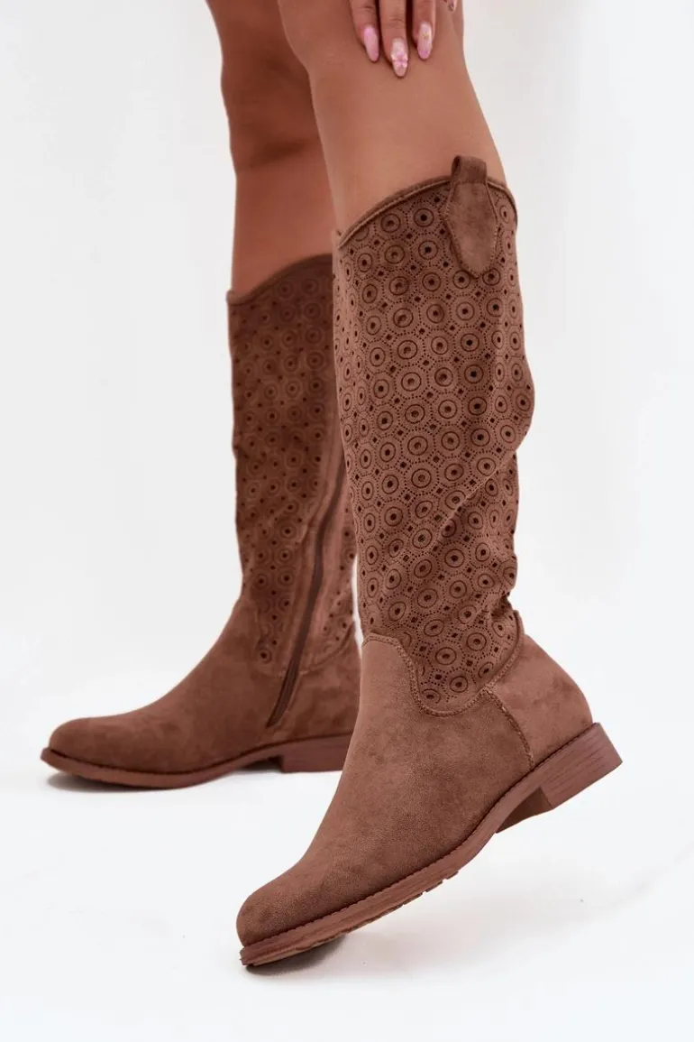 Kozaki Damskie Na Płaskim Obcasie Z Ażurowym Wzorem S.Barski HY52-531 Brązowe