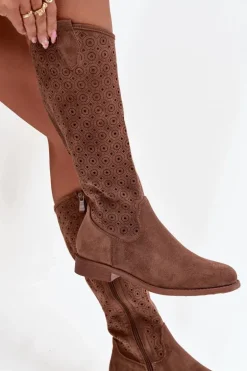 Kozaki Damskie Na Płaskim Obcasie Z Ażurowym Wzorem S.Barski HY52-531 Brązowe