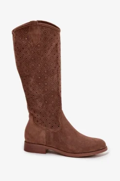 Kozaki Damskie Na Płaskim Obcasie Z Ażurowym Wzorem S.Barski HY52-531 Brązowe