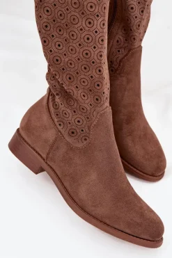 Kozaki Damskie Na Płaskim Obcasie Z Ażurowym Wzorem S.Barski HY52-531 Brązowe
