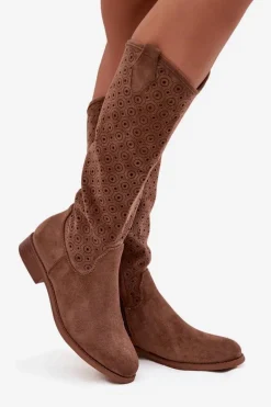 Kozaki Damskie Na Płaskim Obcasie Z Ażurowym Wzorem S.Barski HY52-531 Brązowe