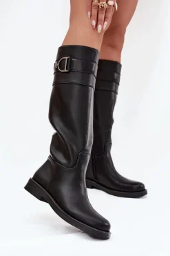 Kozaki Damskie Na Płaskim Obcasie Z Ozdobnym Detalem Czarne Arvessa