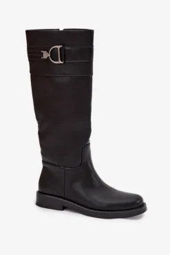 Kozaki Damskie Na Płaskim Obcasie Z Ozdobnym Detalem Czarne Arvessa