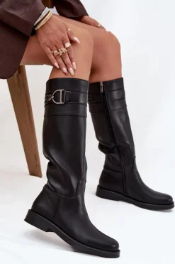 Kozaki Damskie Na Płaskim Obcasie Z Ozdobnym Detalem Czarne Arvessa