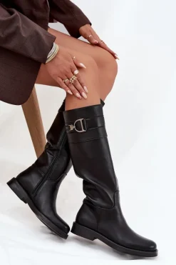 Kozaki Damskie Na Płaskim Obcasie Z Ozdobnym Detalem Czarne Arvessa