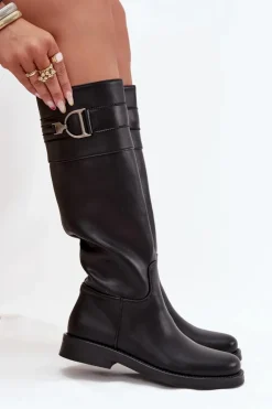 Kozaki Damskie Na Płaskim Obcasie Z Ozdobnym Detalem Czarne Arvessa