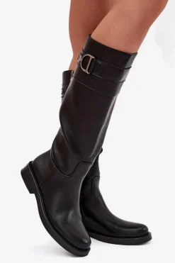 Kozaki Damskie Na Płaskim Obcasie Z Ozdobnym Detalem Czarne Arvessa