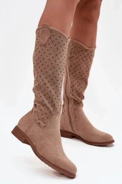 Kozaki Damskie Na Płaskim Obcasie Z Ażurowym Wzorem S.Barski HY52-531 Beżowe