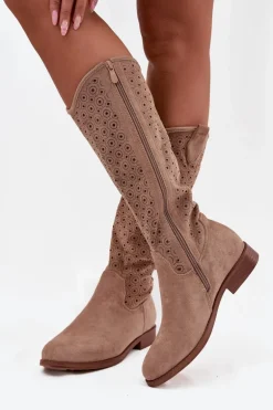 Kozaki Damskie Na Płaskim Obcasie Z Ażurowym Wzorem S.Barski HY52-531 Beżowe