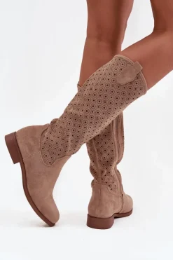Kozaki Damskie Na Płaskim Obcasie Z Ażurowym Wzorem S.Barski HY52-531 Beżowe