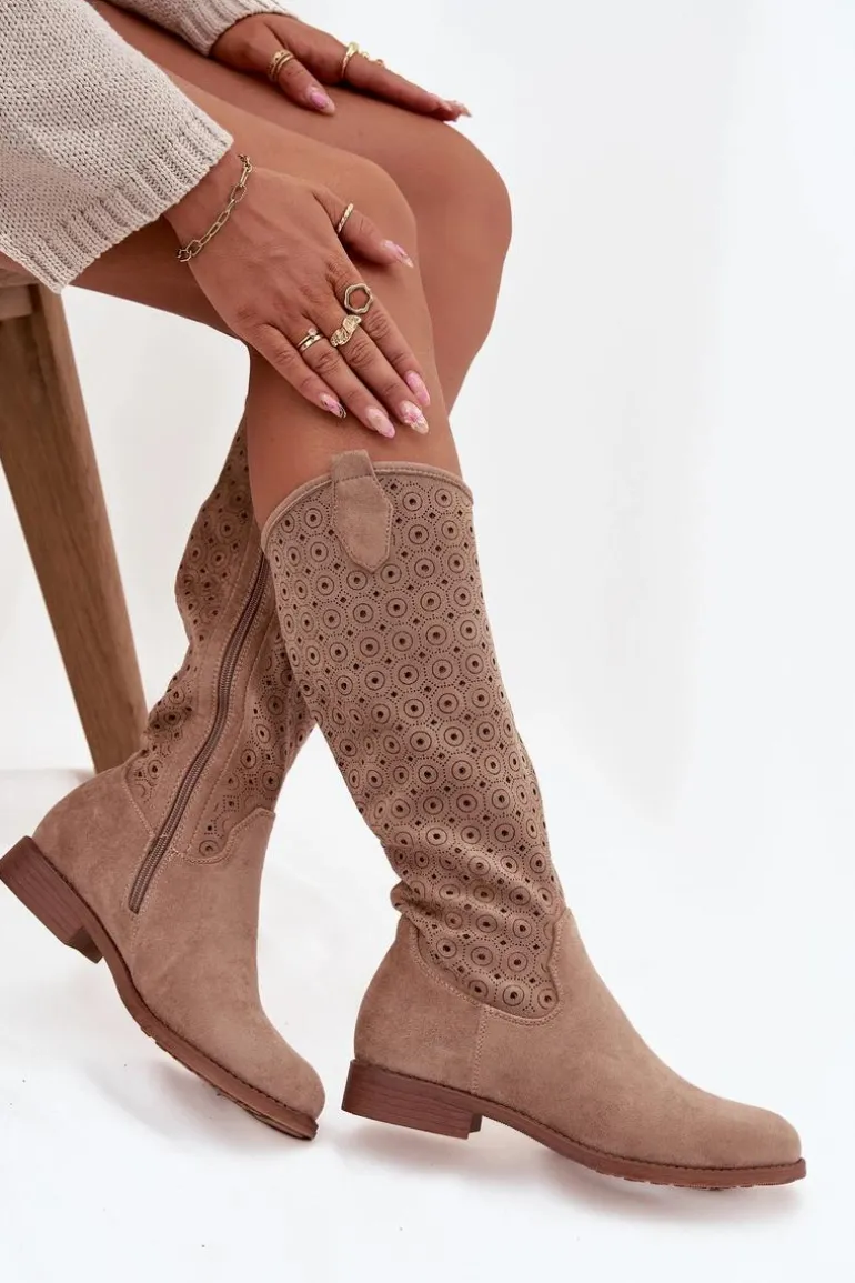 Kozaki Damskie Na Płaskim Obcasie Z Ażurowym Wzorem S.Barski HY52-531 Beżowe
