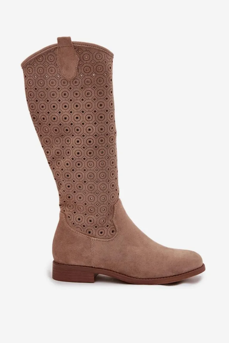 Kozaki Damskie Na Płaskim Obcasie Z Ażurowym Wzorem S.Barski HY52-531 Beżowe