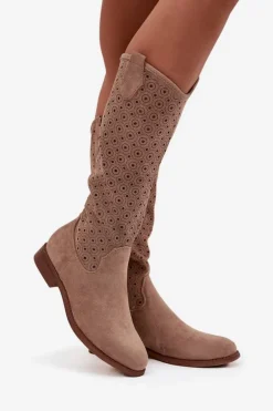 Kozaki Damskie Na Płaskim Obcasie Z Ażurowym Wzorem S.Barski HY52-531 Beżowe