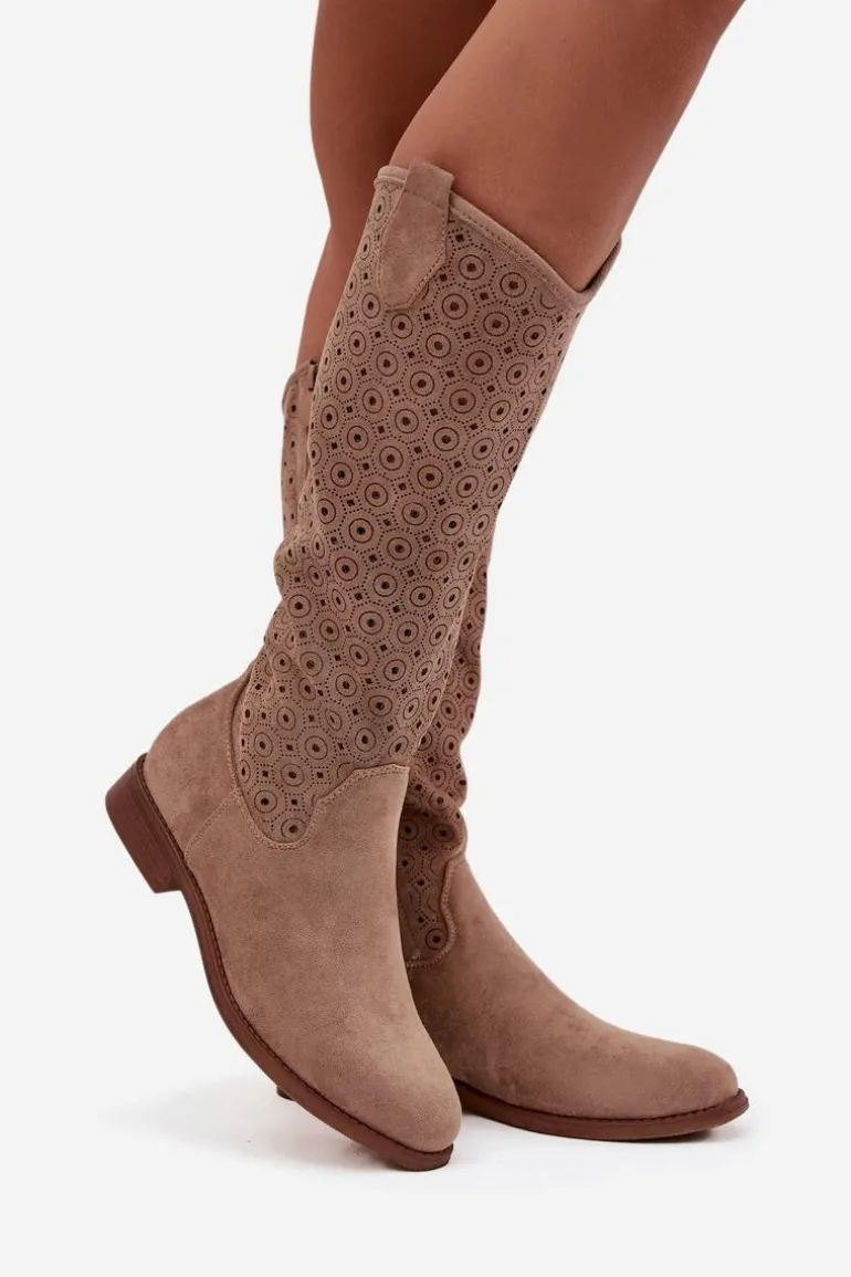Kozaki Damskie Na Płaskim Obcasie Z Ażurowym Wzorem S.Barski HY52-531 Beżowe