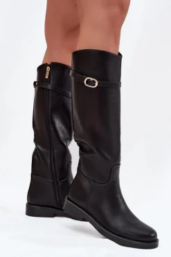 Kozaki Damskie Na Płaskim Obcasie Z Paskiem I Złotą Klamrą Czarne Sylvena