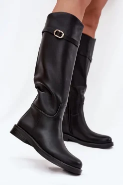 Kozaki Damskie Na Płaskim Obcasie Z Paskiem I Złotą Klamrą Czarne Sylvena