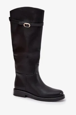 Kozaki Damskie Na Płaskim Obcasie Z Paskiem I Złotą Klamrą Czarne Sylvena