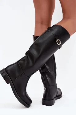 Kozaki Damskie Na Płaskim Obcasie Z Paskiem I Złotą Klamrą Czarne Sylvena