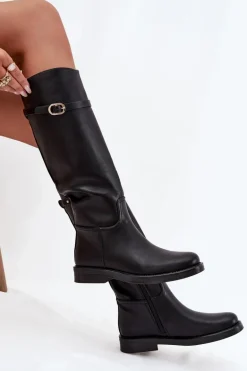 Kozaki Damskie Na Płaskim Obcasie Z Paskiem I Złotą Klamrą Czarne Sylvena