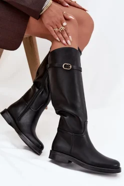 Kozaki Damskie Na Płaskim Obcasie Z Paskiem I Złotą Klamrą Czarne Sylvena