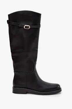 Kozaki Damskie Na Płaskim Obcasie Z Paskiem I Złotą Klamrą Czarne Sylvena