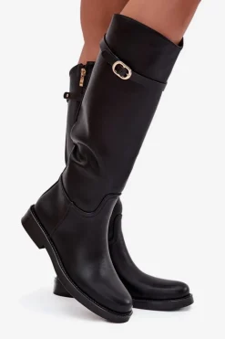 Kozaki Damskie Na Płaskim Obcasie Z Paskiem I Złotą Klamrą Czarne Sylvena